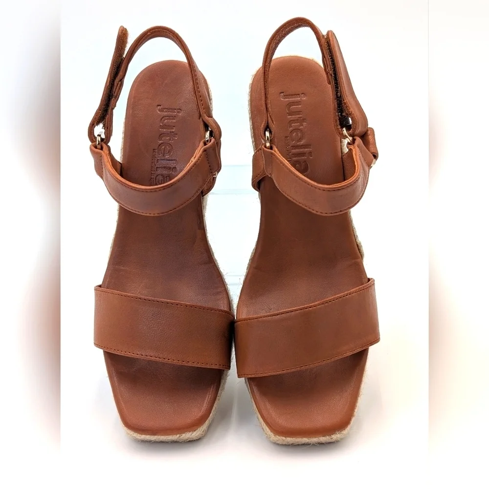 NEW Jutelia Made In Spain Brown Leather Espadrilles Raffia Braided Wedge Sz 7.5